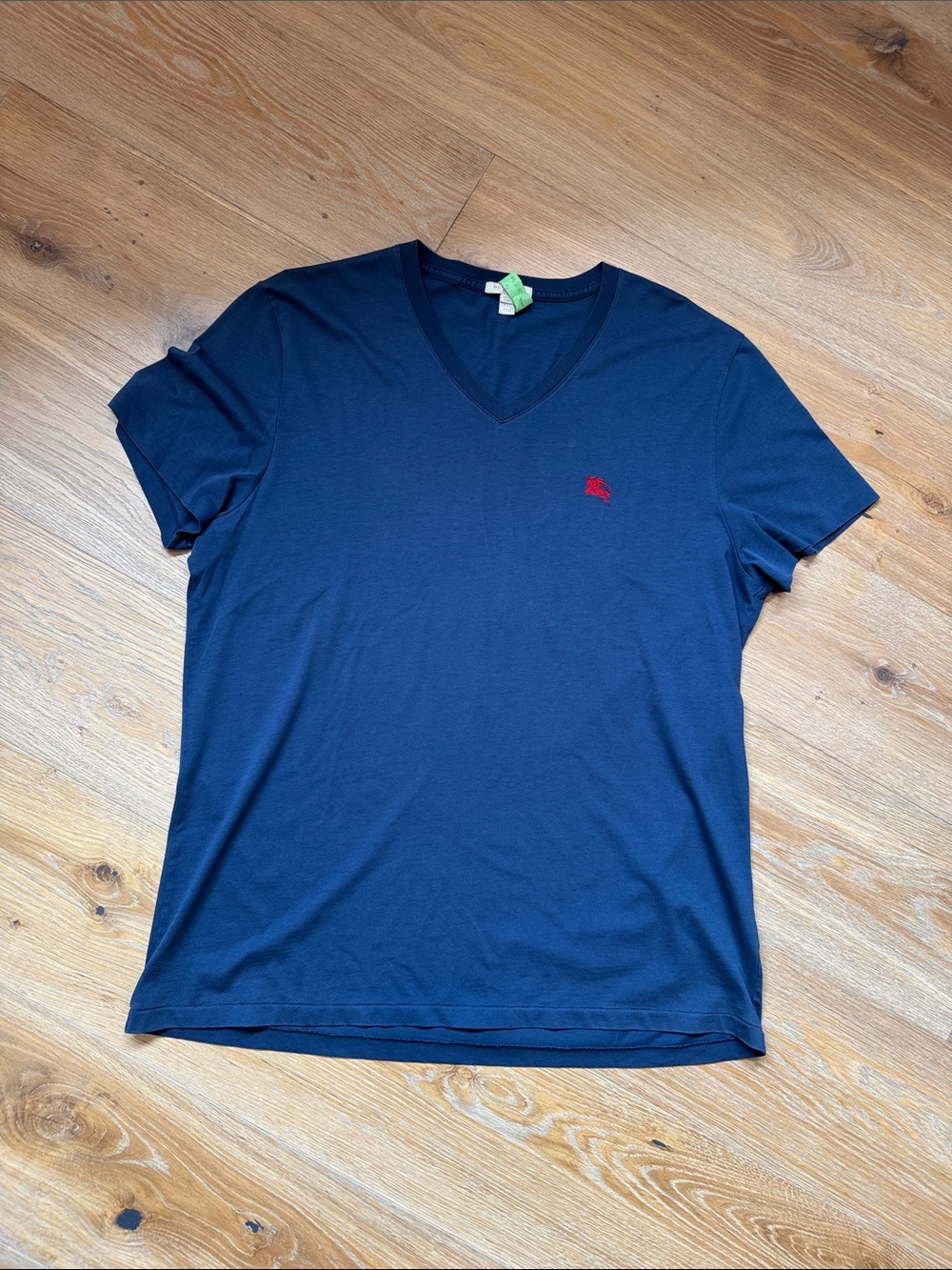 Burberry Navy V-Neck Short Sleeve Shirt with Red Chest Emblem